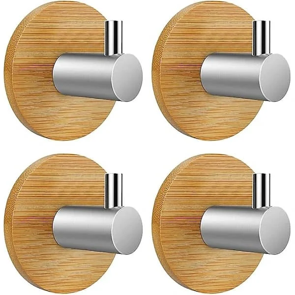 Självhäftande Krok Väggkrok Självhäftande Krok Badrum Kök Kontor Dörr, 4-pack (bambu och rostfritt stål, rund)_tfrf