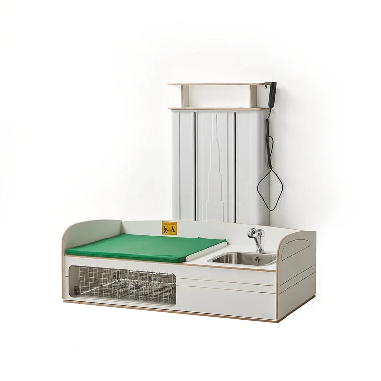 Height-adjustable baby changing table NEIL, wall-mounted, incl. R/H sink, 1400x800 mm