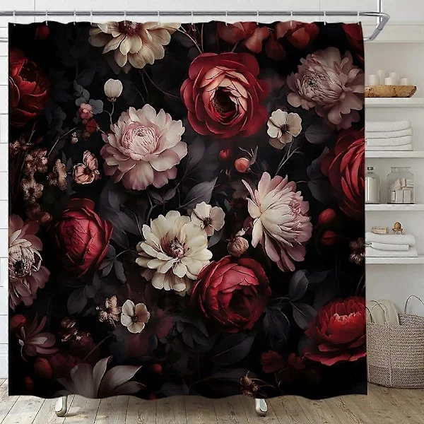 Svart Blommig Duschdraperi Retro Blomma Blomning Rustik Ros Akvarell Pion Vintage Löv Trädgårdsväxt Boho 183 cm Bx213 cm H Tyg Badrumsinredning 