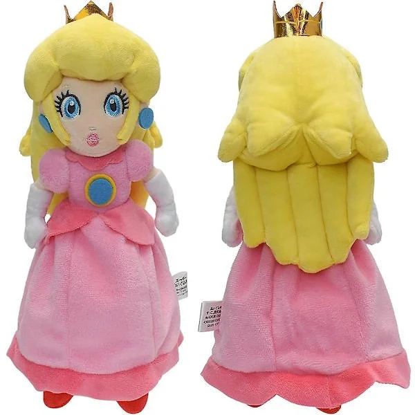 Princess Peach Super Mario Plush Toy with Red Shoes Pink Skirt Yellow Hair and Crown Stuffed Doll Collection Decoration Ornament Gift