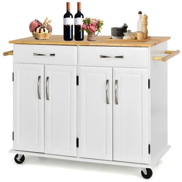 COSTWAY Køkkenvogn på hjul - 2 skuffer, 2 dobbeltdørsskabe, justerbare hylder - Kitchen Island Trolley - Hvid