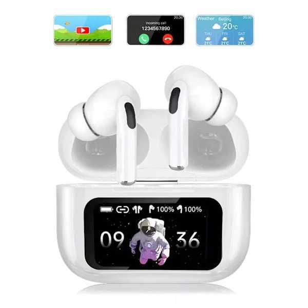 Pekskärmshörlurar med smart display, trådlös Bluetooth 5.4, Hi-Fi ljudkvalitet, stöder ANC/ENC aktiv brusreducering, in-ear design