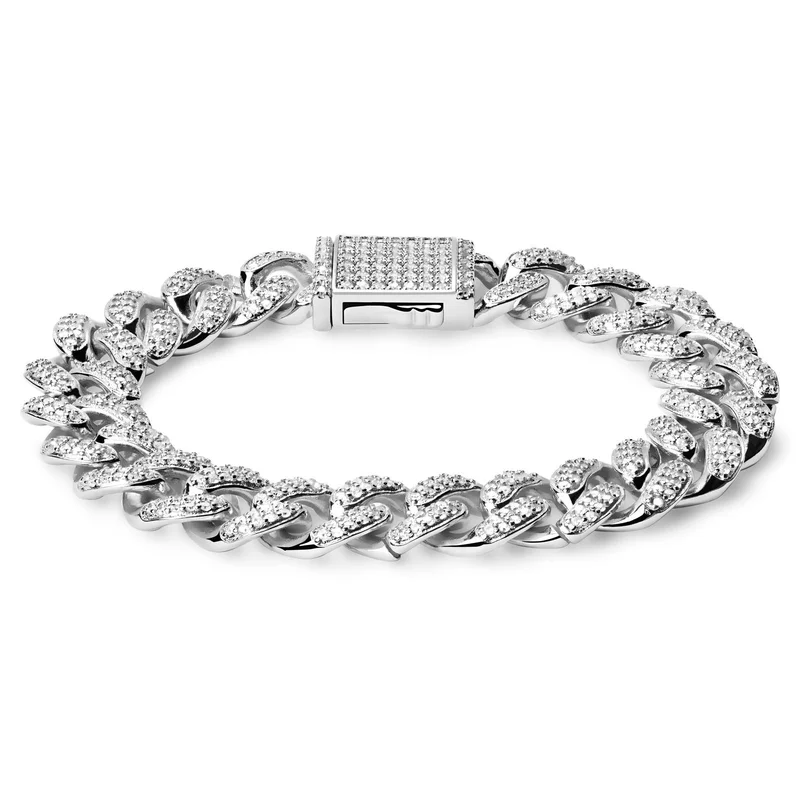 Nicos | 12 mm Iced Silver-tone Cuban Chain Zirconia Bracelet for Men - Chain Bracelets