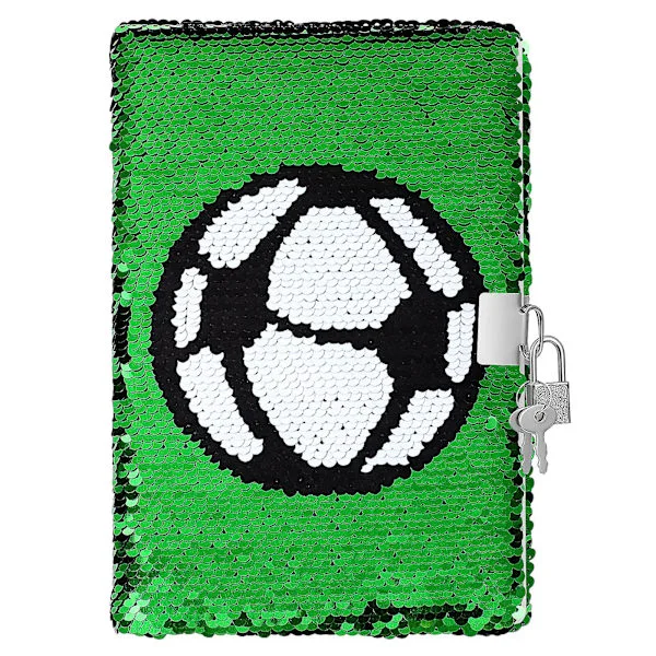 Sequin-notesbog med fodboldmønster - Vendbar notesbog med lås og nøgler - Dagbog til rejser - Notesbog til børn og voksne