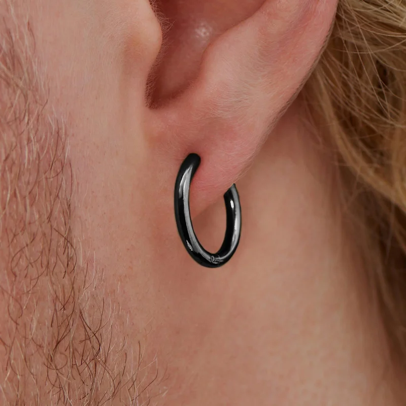 Black Titanium Hoop Earring for Men - Charm Hoop Earrings