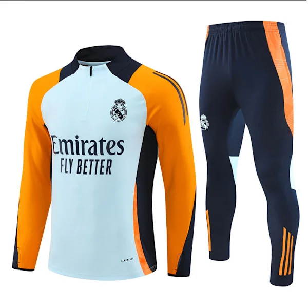 2425 Ny Real Madrid Fotbollströja med Långärmad Halv Dragkedja för Vuxna & Barn - Grå-orange