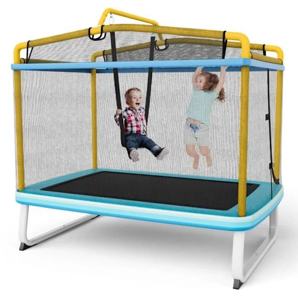 COSTWAY studsmatta för barn rektangulär 190 x 124 cm 3 i 1 med gunga, horisontell stång, kapslingsnät 100 kg Gul