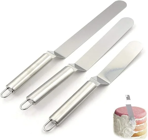 3 vinklede paletknive i rustfrit stål til køkkenkager, sæt til dekoration (6 - 8 - 10 tommer klinge)