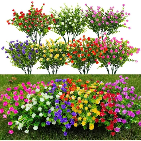 21 Bundles Outdoor Artificial Plants UV Resistant Artificial Shrubs Plastic Artificial Flowers Fake Outdoor Plants for Home Garden Decor (7 Colors)