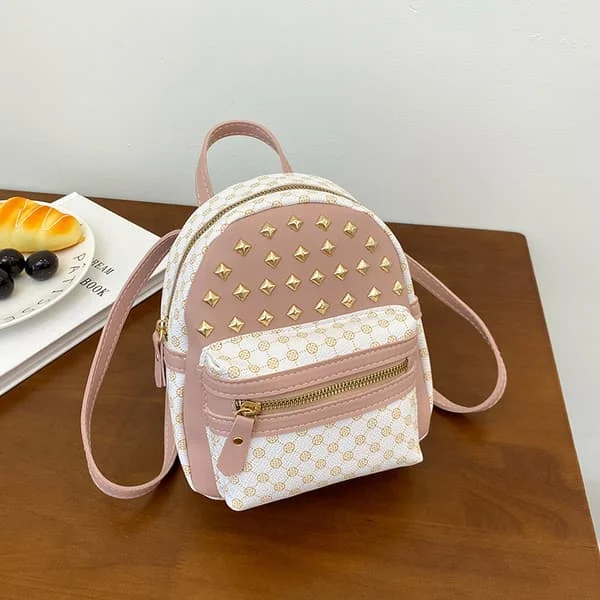 Mini Small Backpack Women Rivet Backpack Women's Niche Design Sense (Pink)