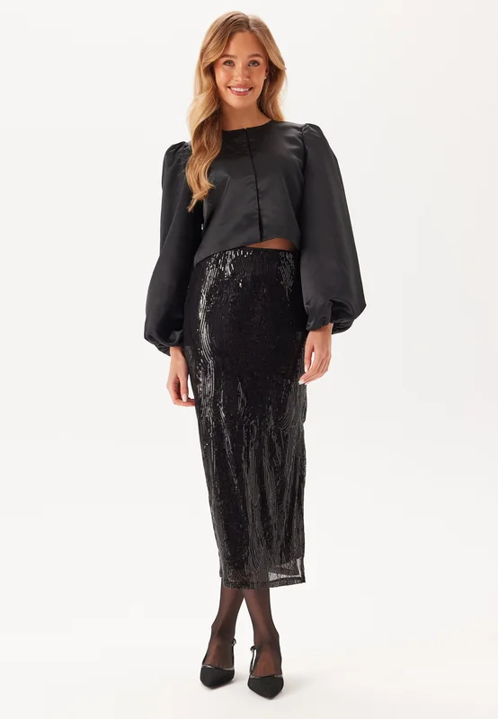 VILA - Vizikki Midi Sequin Skirt - Black Beauty Detail:SEQUIN