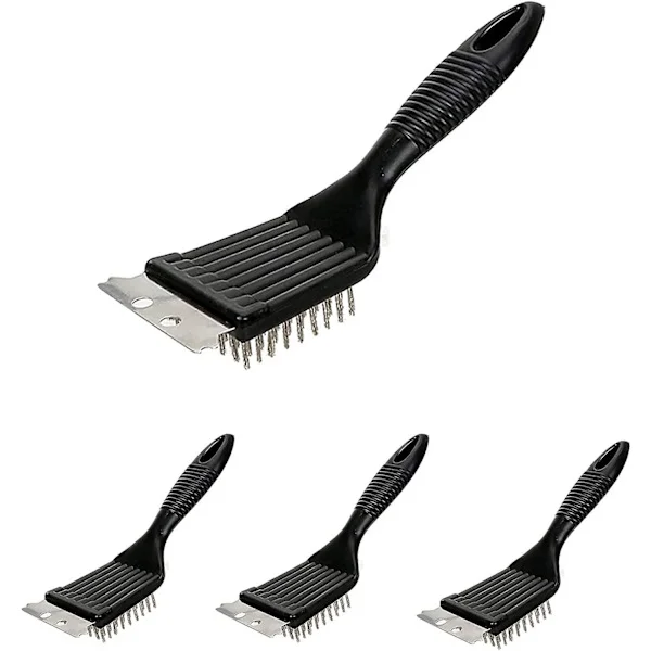 Grillborste, 4 stycken grillborste för rengöring av grill med rostfri spatel för rengöring av grillgaller och ytor, optimal grillrengöring