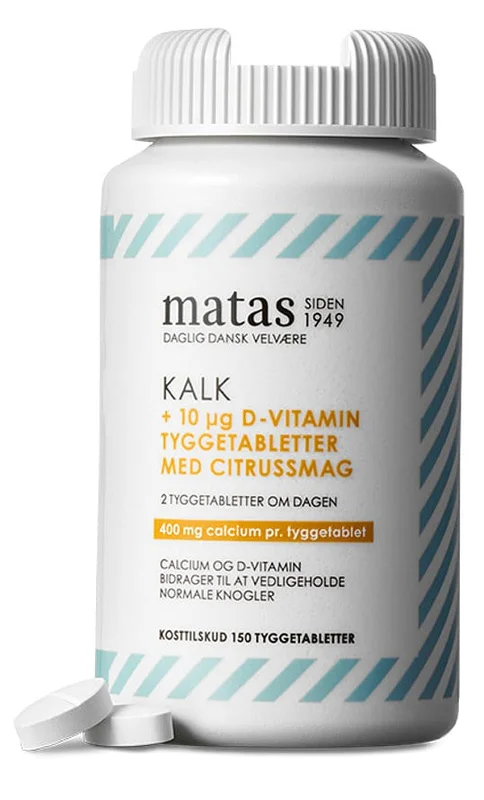 Spar 25% • Køb 2, Matas Striber Kalk 400 mg + D-vitamin 10 μg 150 tyggetabl., Helse & Madvarer, Mineraler, Kalk