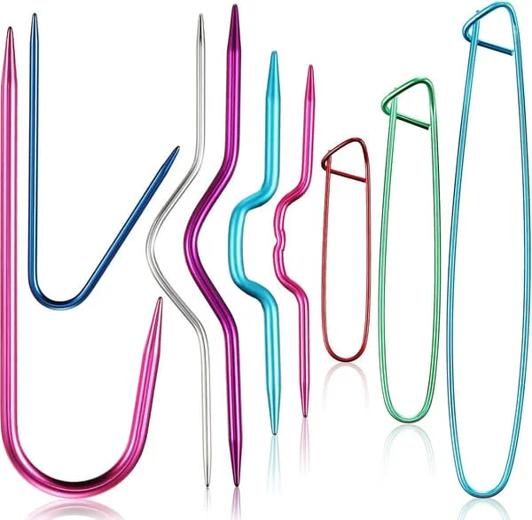 9 Pieces Cable Knitting Needles, Assorted Colors Aluminum Cable Needles, Safety Pin Brooch Weaving Sweater Knitting Tool