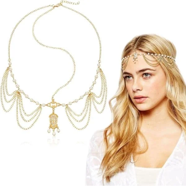Boho tofsar pannband, tofs kedja hårband, boho pannband huvud, dam huvudbonad för festivaltillbehör bröllop halloween