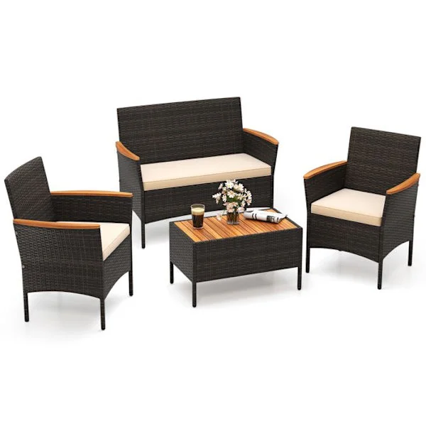 Sæt 4 PCS Havebord og Stole COSTWAY i PE Rattan, 2 Stole og 1 2-personers Sofa, Puder, Akacietræ Plade
