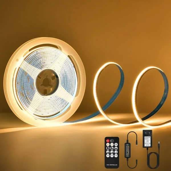 5m COB LED-tejp 3000K 24V COB LED-list Varmvit med Fjärrkontroll/IP30 Vattentät/1600 LED-lampor/8mm Bredd Dimbar LED-list för Säng[HK]-XF27- 3000 k