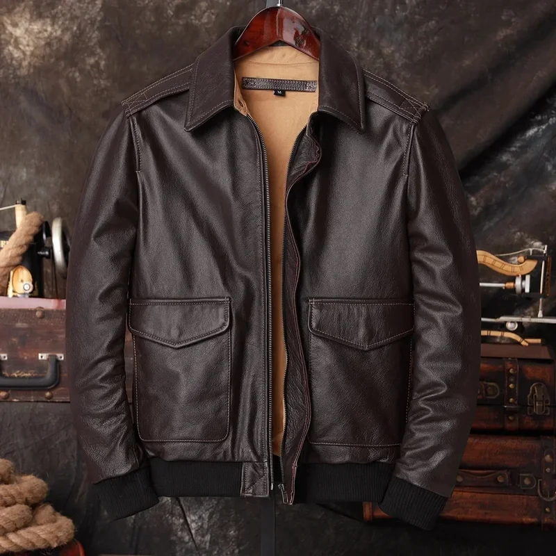 AliExpress - Blouson aviateur A2 en cuir véritable pour homme, chaud, 100% cuir de vache, manteau de l'Armée de l'Air, marron foncé, blouson de moto 