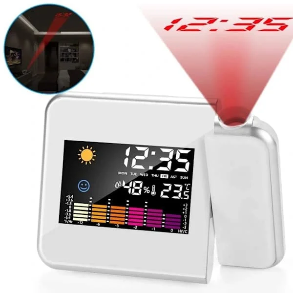 Projection Alarm Clock with Time Projector Weather Forecast Temperature Humidity Display for Bedroom Nightstand Silver