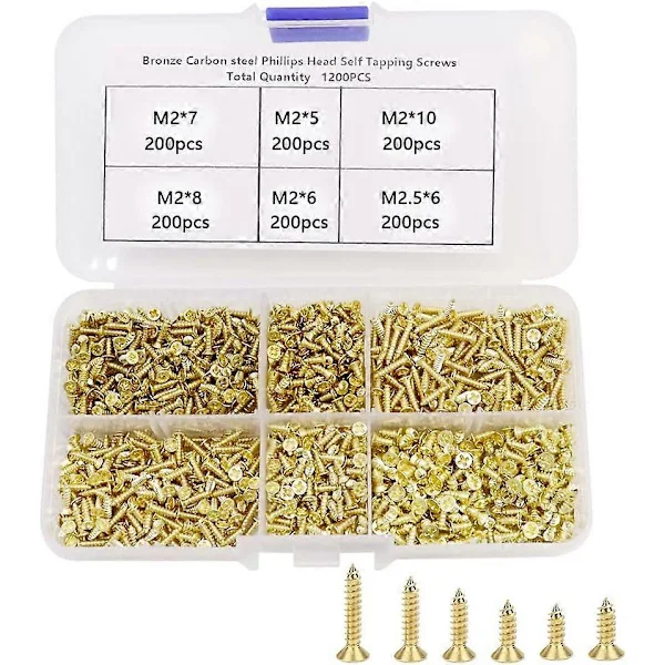 1200 Delar Små Gångjärn Träskruvar M2/M2.5 Små Mässingsskruvar 5/6/8/10 mm Små Platt Huvud Krysskruvar Sortiment - Guld [DB]