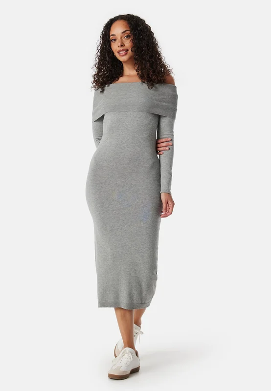 BUBBLEROOM - Knitted Off Shoulder Dress - Grey melange