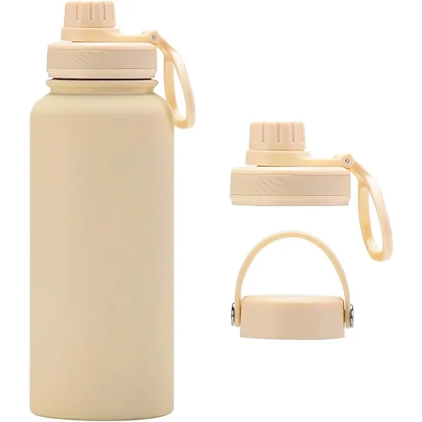 32 oz isolert vannflaske, stor kapasitet 1 liter vannflaske i rustfritt stål med 2 lokk Kremfarget