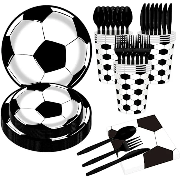 Fotbollsfest servisset med papperstallrikar, gafflar och servetter för en fotbollstema födelsedagsfest, serverar 10 personer