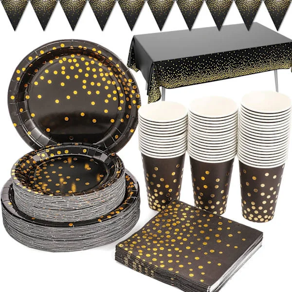 Black and Gold Party Supplies 66 Pieces Party Tableware Includes Paper Plates, Napkins, Cups, Tablecloth, Banner, for Birthday, Party
