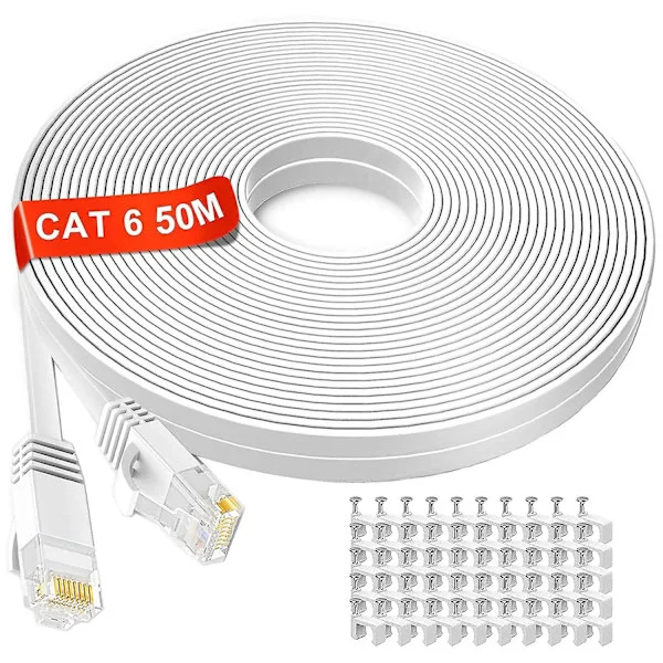 Ethernetkabel 50m, Cat6 Extra Lång Platt Internetkabel 50 Meter, Hög Hastighet Nätverkskabel Vit, Rj45 Kontakt Lan Kabel Kompatibel
