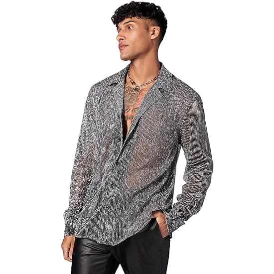 Menn's Gjennomsiktig Mesh Glitter Knapp-Front Langærmet Skjorte Topper