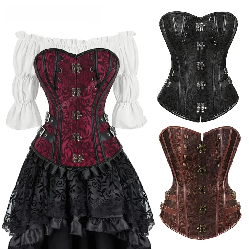 AliExpress - Steampunk Corset Femmes Grande Taille Pirate Corset Top Overbust Halloween À Lacets Costume Gothique Steampunk Corset Métallique Rouge 