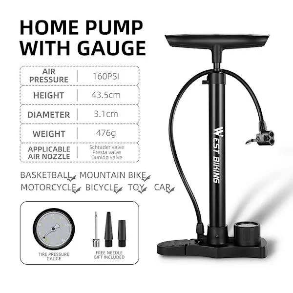 WEST BIKING Cykelpump 160PSI Portabel Rostfri Cykelpump Schrader Presta Ventil Inflator Mountain Road Bike Tillbehör