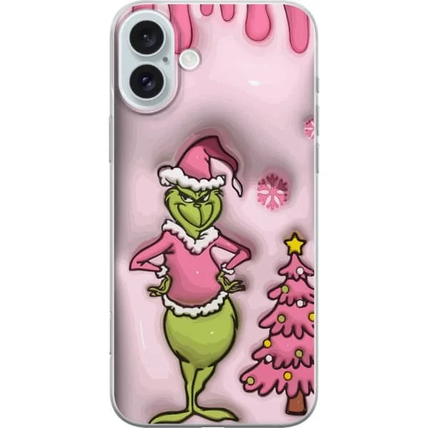 Kompatibelt mobildeksel til Apple iPhone 16 Plus Pink Grinch Jul med klassisk figur i rosa julenissedrakt, en morsom vri på den elskede 