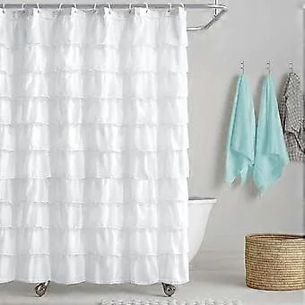 White Shower Curtain Farmhouse Ruffle Fabric for Bathroom Sheer Cloth Shower Curtains 72 Inch Long