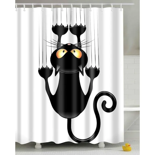 DIY Shower Curtain, Funny Cat Pattern, with Hooks (Black Cat 180cm (W) x 180cm (H)