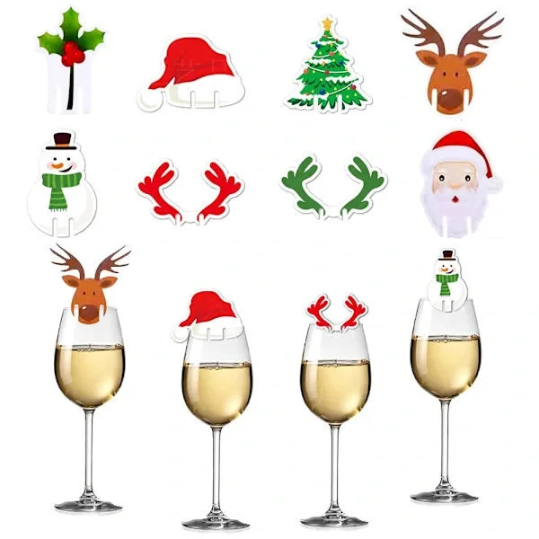 80-piece Christmas Wine Glass Markers Set: Santa, Reindeer & More Designs – Festive Wine Glass Card Decorations & Wooden Dri[co]