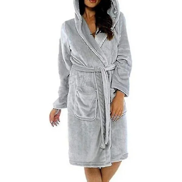 Vinter Fleece Badekåpe Dame Badekåpe Med Hette Fluffy Håndkle Teppe Badekåpe Grå