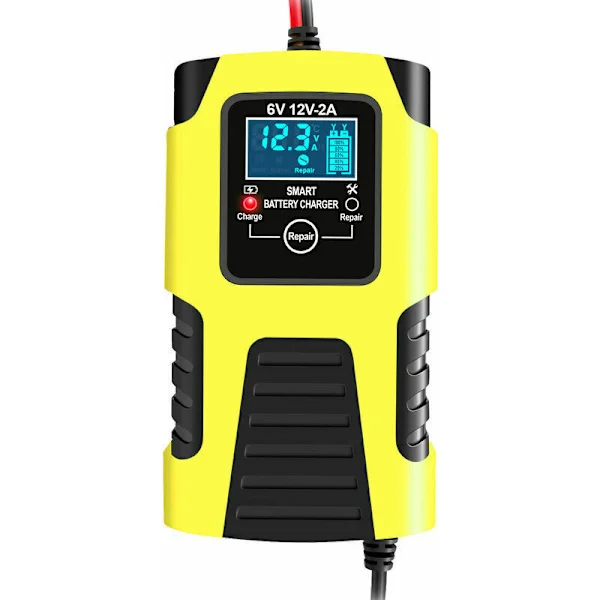 12V/2A 24V/2A automatisk intelligent batterilader, bærbar vedlikeholdslader, bil- og motorsykkelbatteriavsvovling, gul