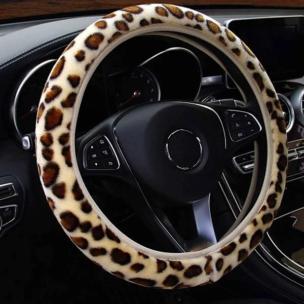 Chic Leopardmönstrad Fluffig Plysch Rattöverdrag för Bil Mjuk Vinter Varm Bil Rattöverdrag Skydd Stretch Passar Universal 37-39cm-FA2-