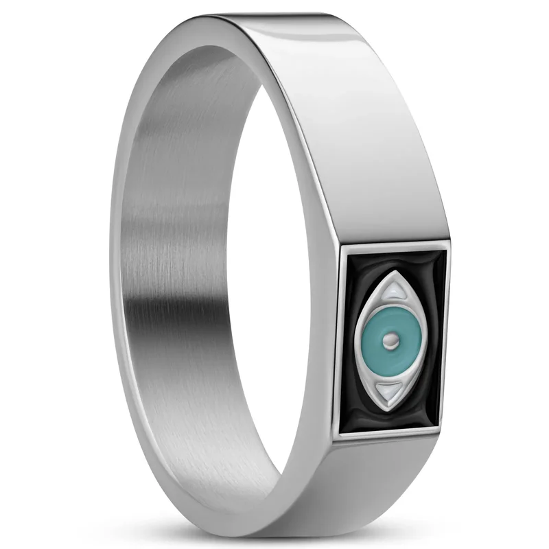 Evil Eye | Anillo sello cuadrado plateado para hombres - Anillos tipo sello