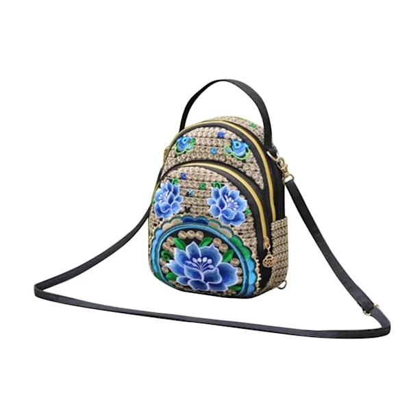 [RM] Dame Jente Vintage Mini Crossbody Vesker Ryggsekk Lerret Broderte Blomster Glidelås Reise Skulderveske Ryggsekk for Reise Shopping~01401