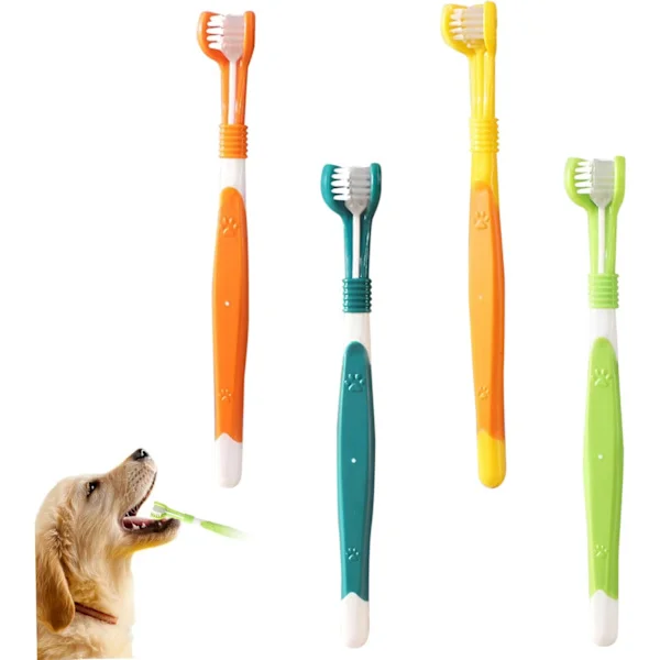 Hundetandbørste 4 STK 3-sidet tandbørste til hunde tandpleje med bløde børster kat med langt håndtag til små til store hunde katte rengøring af mund