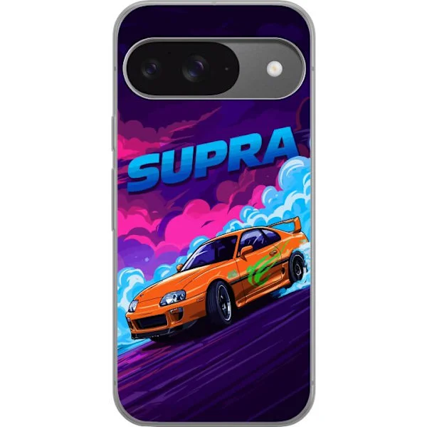 Kompatibelt Mobilskal till Google Pixel 9 Kraftfull orange sportbil i neonfärgad miljö med fartkänsla och racinginspirerad design