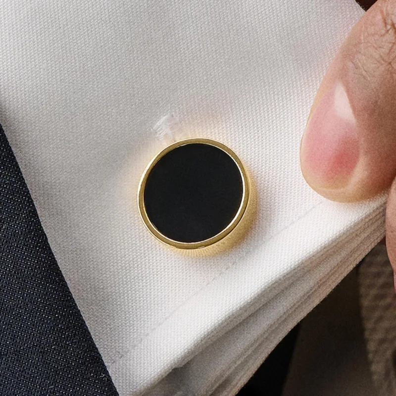 Round Gold-Tone Cufflinks with Onyx Inlay for Men
