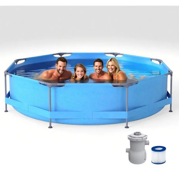 COSTWAY Rund Uppblåsbar Pool 3m x 76cm, Metallram, Filterpump, Kapacitet 4383 L, Trädgårdspool för Vuxna, Blå