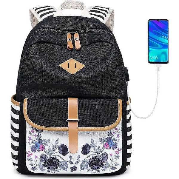 Goldwheat Jente Ryggsekk Canvas Skoleveske Laptop Ryggsekk Bokveske Ryggsekk Med USB Ladeport
