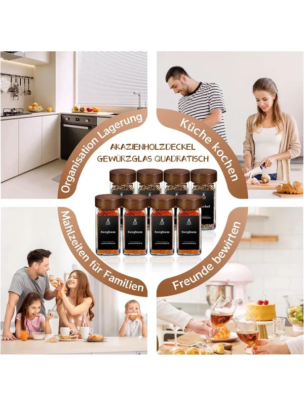 AliExpress - SAEIV 35 rosewood-lidded spice jars, 120ml square glass decanters with waterproof labels, kitchen storage