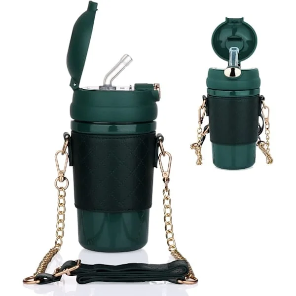 Isolerad vattenflaska med sugrör, termosflaska i rostfritt stål med fodral och bärrem, resemugg för barn, 16oz/480ml (grön)
