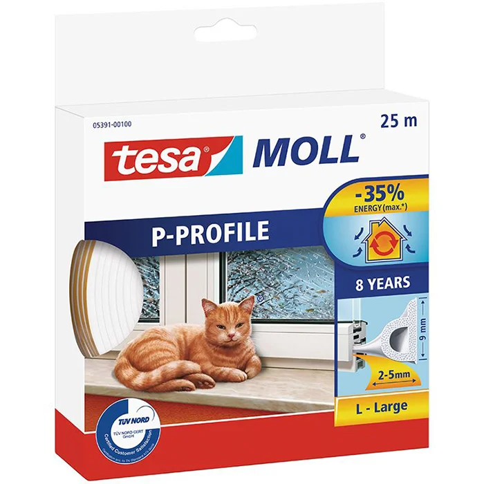 Tesa P-list 05391-00100-00 Tætningsliste EPDM, 25 m, 9 mm x 5,5 mm Hvid, Maskintilbehør & forbrugsvarer