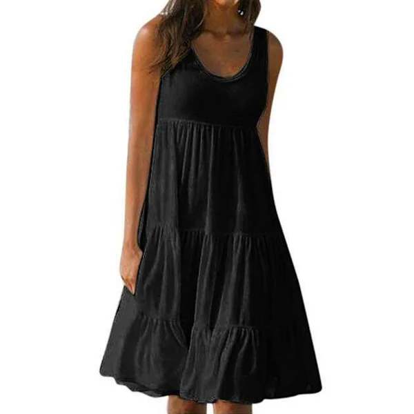 Dame sommer smock kjole Dame Ferie Strand Afslappet Baggy Flæse Mini Sommerkjole Sort Black